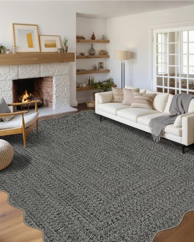 GAOMON Braided Collection Area Rug 5x7 Modern Washable Rug Vintage Scalloped Country Cottage Floor Cover Low Pile Non Slip Indoor Aesthetic Throw Carpet for Living Room Bedroom Nursery Scalloped Grey