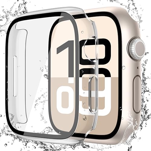 Image of Misxi [2 Pack] Waterproof Hard Case with Tempered Glass Compatible with Apple Watch Series 11 (2025) Series 10 46mm, Overall Protective Cover for iWatch Screen Protector, 1 Starlight + 1 Transparent