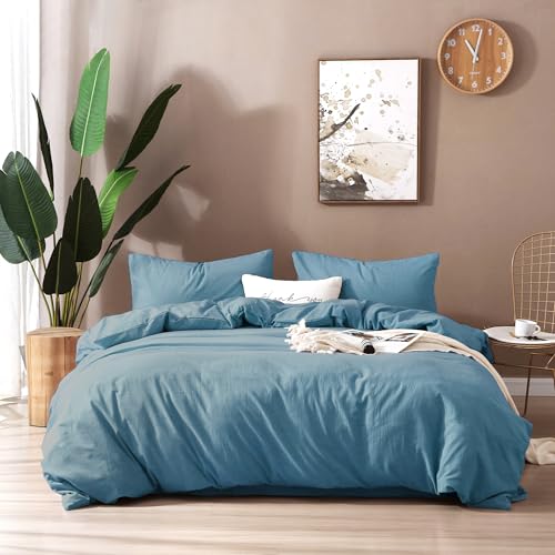 Image of F.Y.Dreams 100% Washed Cotton Duvet Cover for Weighted Blanket 60x80 inches with 16 Ties, Zipper on Long Side /Slate Blue /Just Duvet Cover