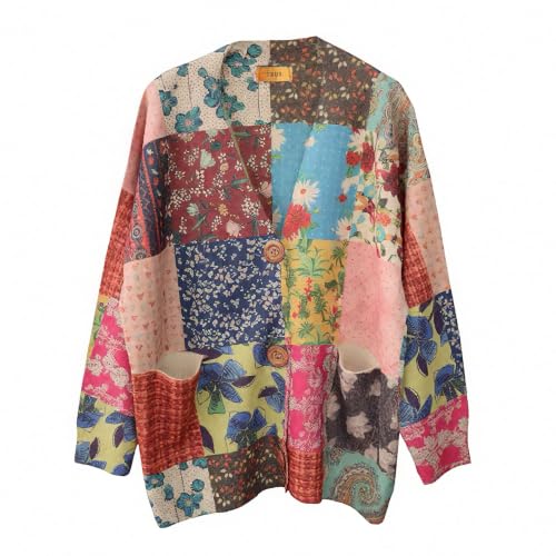 Image of TBUS Women's V Neck Oversized Cat Print Cardigan, Boho Patchwork Knit Sweater Long Sleeve Button Front with Pockets