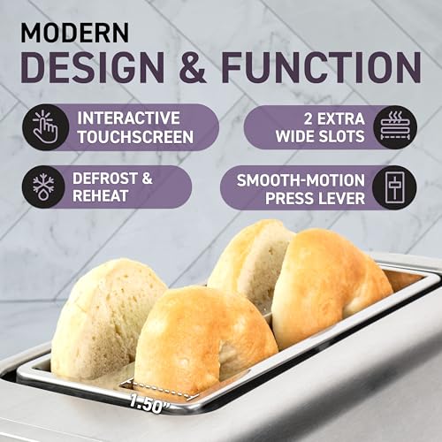 Image of Inspirex Touch Screen Toaster - 4 Slice Long Extra-Wide Slots - 5 Bread Type and 6 Browning Levels - Defrost, Reheat, Favorite, Single Slot Settings - Stainless Steel