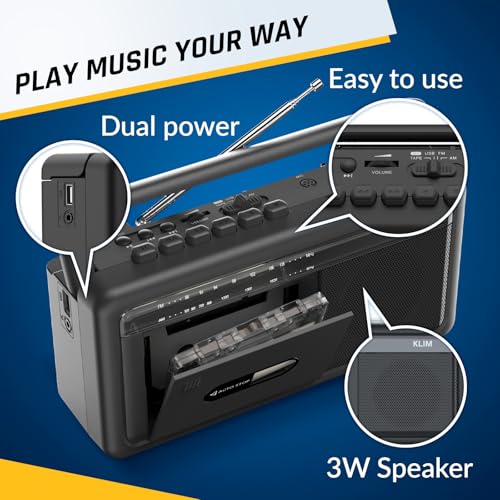 KLIM Portable Cassette Player & Tape Recorder – Boombox with AM/FM Radio, USB, Bluetooth, Speaker, and Earphone Jack – Battery and AC Operated - Black - Image 5