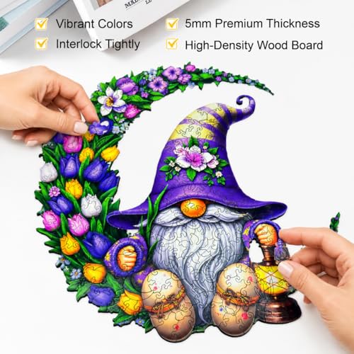 Gnome Wooden Puzzles for Adults, Flower Tulip Unique Shape Wooden Jigsaw Puzzle for Adults 200 Piece, Challenging Floral Moon Gnome Puzzles, Creative Gift for Friend Family Game Wall Decor 11*10.6in — view 6