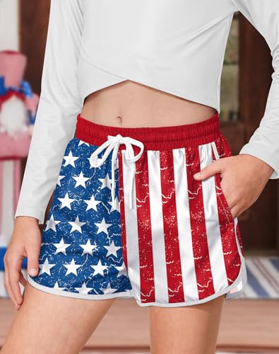 Image of BesserBay Girls 4th of July Elastic Waist Beach Swim Shorts American Flag Trunks with Pockets 5-14 Years