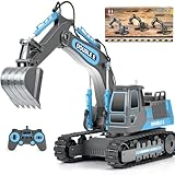 DOUBLE E Remote Control Excavator Toy RC Excavators Rechargeable Battery Digger Hydraulic Construction Toys Vehicles Xmas Gift for Boys Girls Kids 3-14 Years，Gray-Blue