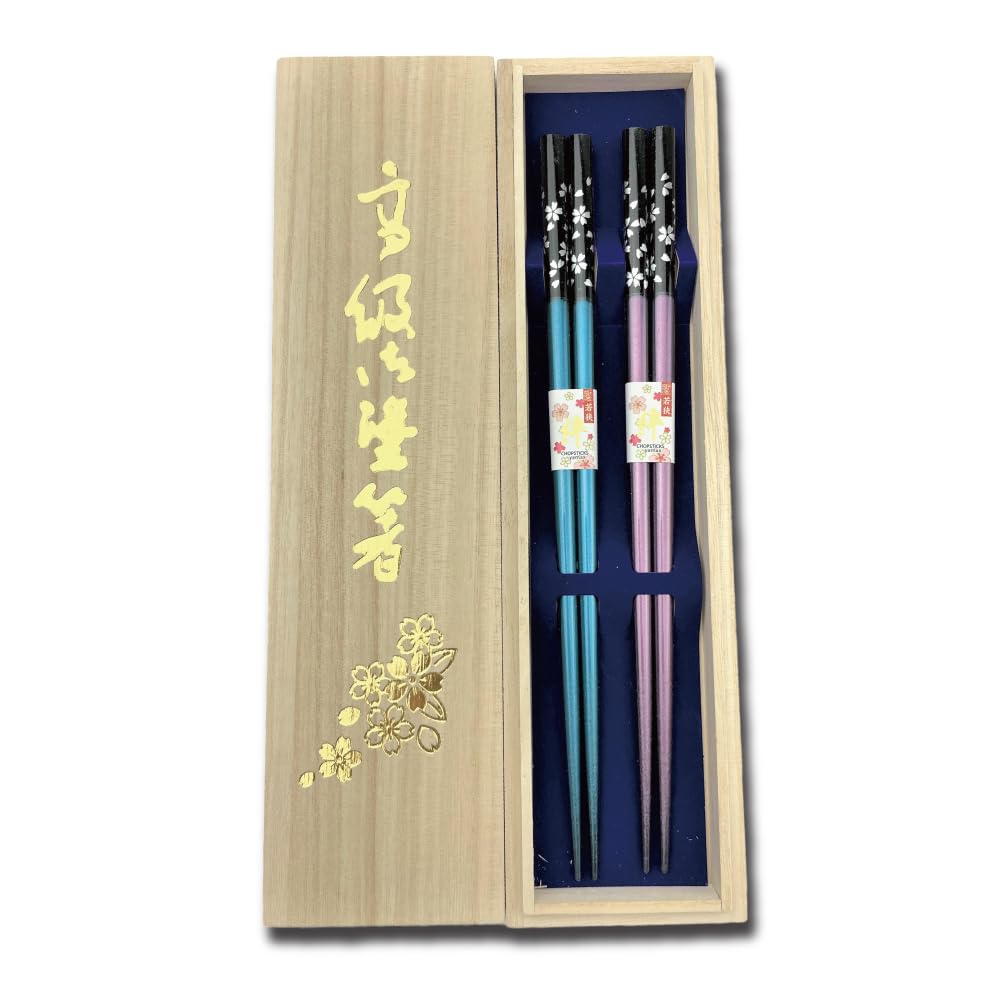 Premium Japanese Chopsticks Reusable 2prs Set [ Made in Japan ] Traditional Lacquer Art Wooden Chopsticks C (Cherry Blossom BL/PU(2KR018))