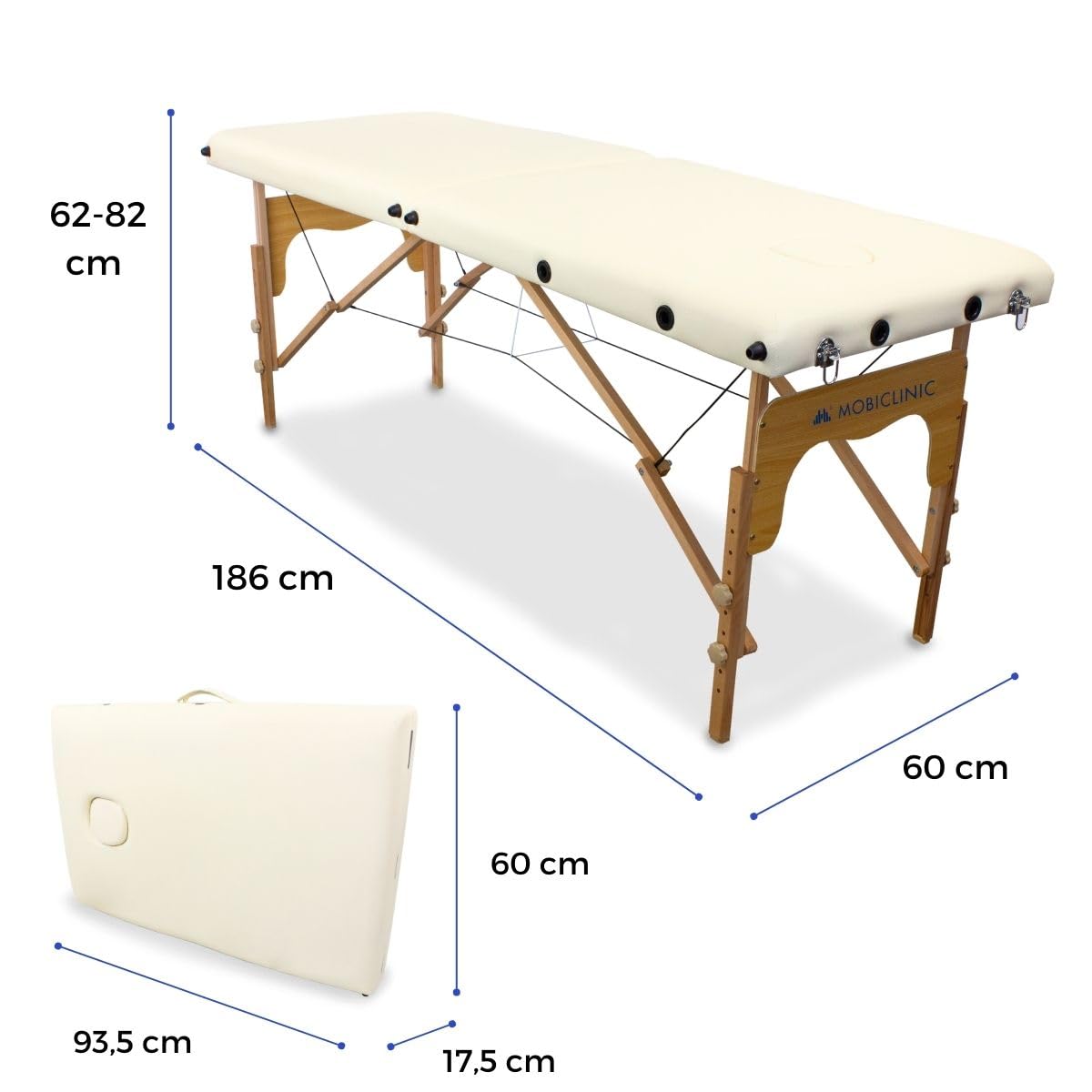 Mobiclinic®, Massageliege, Klappbar, CM-01 Basic, 180x60 cm, Holz und Kunstleder, 2 Teile, Europäische Marke, Mobile, Höhenverstellbar, Verschlusssystem, Trägt 150 kg, Farbe Creme