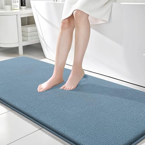Image of OLANLY Thick Memory Foam Bathroom Runner Rugs 70x24, Extra Soft Absorbent Long Bath Rug, Quick Dry, Non-Slip, Machine Washable Bath Mats for Bathroom, Tub and Shower, Home Decor Accessories, Airy Blue