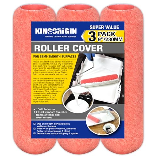 King Origin Paint Roller Covers, 3 Pack, 9 Inch Paint Roller, 3/8 Nap High Dense Roller Covers for Smooth and Textured Rough Surfaces