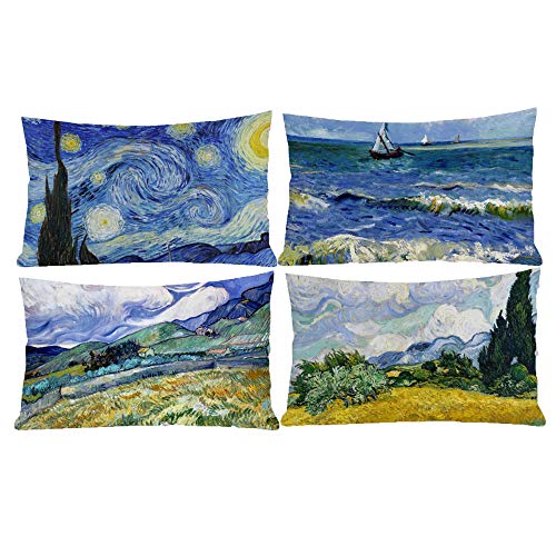 Vincent Van Gogh Lot de 4 housses de coussin lombaire rectangulaires décoratives pour les célèbres fans de peinture 30,5 x 50,8 cm Cover