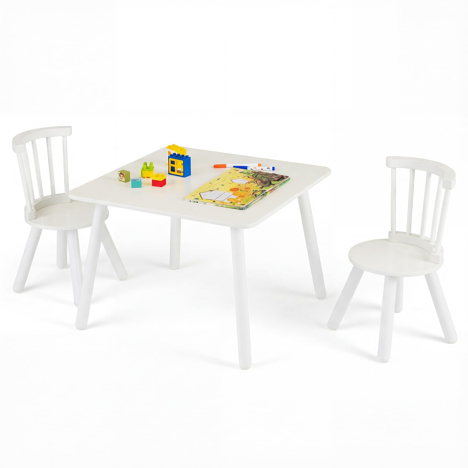 COSTWAY Set Tavolo e 2 Sedie per Bambini, Tavolo Attività con Schienali a Spindola Curvi, Sedute Rotonde e Gambe in Legno Massello, Tavolino per Bambini 3+ Anni per Disegno, Gioco e Studio (Bianco) - 1