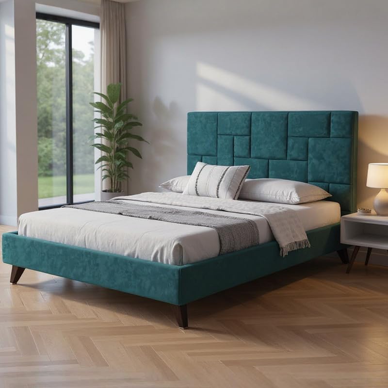 Amazon Brand - Solimo Wood Cube Queen Size Bed with Fabric Upholstery | Modern Wooden Double Bed Without Storage Cot Platform Furniture for Bedroom...