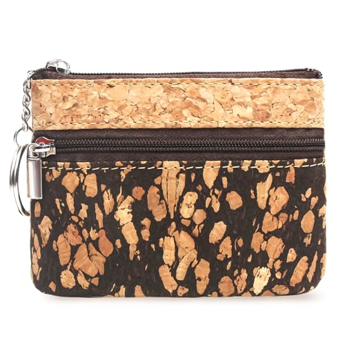 Eco-friendly Natural Cork Coin Purse, Boshiho Mini Coin Change Wallet Credit Card Holder Zipper Pouch Vegan Wallet with Key Ring Keychain (Coffee)