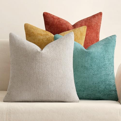 Image of MIULEE Pack of 4 Couch Throw Pillow Covers 18x18 Inch Neutral Orange /Teal Soft Decorative Chenille Pillow Covers Farmhouse Accent Cushion Covers for Boho Home Decor Spring Sofa Bedroom Living Room