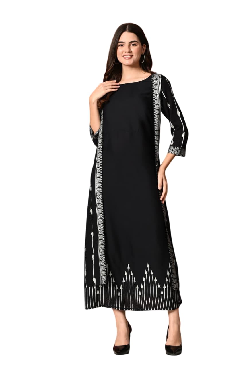 Women's One-Piece Dress, Black with White Printed Detail, 3/4 Sleeve, Round Neck-picture-44