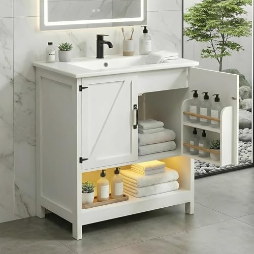Naturoasis 30' Bathroom Vanity with Sink, White Freestanding Vanity for Small Bathrooms, Soft-Close Doors, Door Organizer, RGB LED Light, Plumbing Clearance Shelf