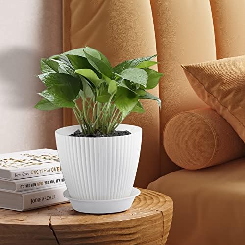 Warmplus 8 Pack Plant Pots Indoor, 19/17.5/16.5/16/14/13/11.5/10cm Stripe Grooves Plastic Flower Pots with Drainage Holes and Tray, Modern Decorative Planter Pot for All House Plants, White