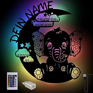 RGB Farbwechsel Elefant auf Mond Baby-Geschenke personalisiert mit Namen zur Geburt & Taufe für Mädchen & Junge I USB…