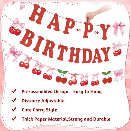 Image of 43 Pcs Cherry Party Decorations, Happy Birthday Banner with Hanging Swirls | Summer Fruit Theme Cherry Party Decorations for Wedding Birthday Bridal Shower Baby Shower