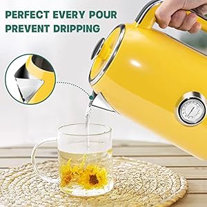 SUSTEAS Electric Kettle 57oz Hot Tea Kettle Water Boiler with Thermometer 1500W Fast Heating Stainless Steel Tea Pot Cordless with LED Indicator Auto Shut Off Boil Dry Protection Retro Yellow
