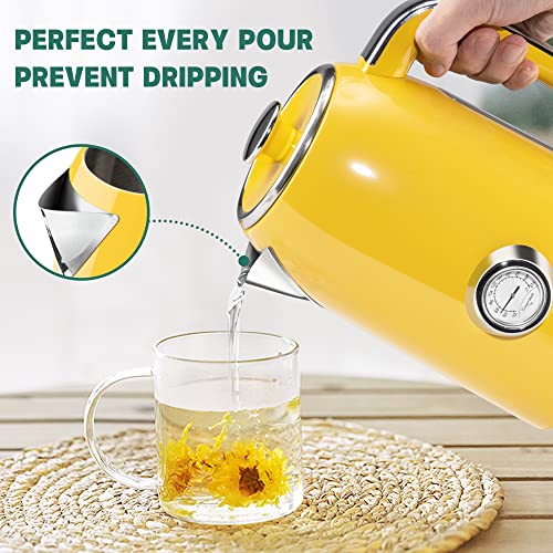 Image of SUSTEAS Electric Kettle - 57oz Hot Tea Kettle Water Boiler with Thermometer, 1500W Fast Heating Stainless Steel Tea Pot, Cordless with LED Indicator, Auto Shut-Off & Boil Dry Protection, Retro Yellow