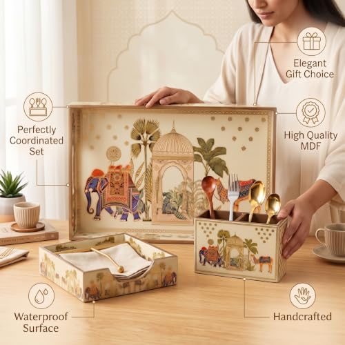 Image of Wooden Serving Tray Combo | Large Serving Tray, Napkin Holder & Cutlery Organizer | Traditional Indian Decor | Waterproof Resin Coated | Dining & Kitchen Use