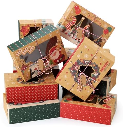 12Pcs Christmas Cookie Boxes with Window for Gift Giving, Kraft Bakery Gift Wrapping Boxes with Cards and Jute Rope, Holiday Treat Boxes for Cookies, Brownies, Donuts, Xmas Cookie Containers With Lids