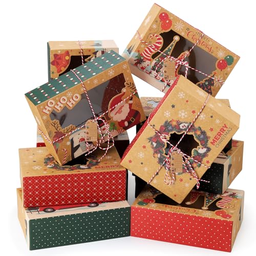 12Pcs Christmas Cookie Boxes with Window for Gift Giving Kraft Bakery Gift Wrapping Boxes with Cards and Jute Rope Holiday Treat Boxes for Cookies Brownies Donuts Xmas Cookie Containers With Lids