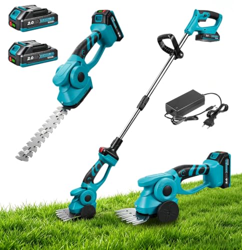 Yofidra Coupe Bordure sans Fil, 3 en 1 Cisaille à Gazon & Taille Haie avec Batterie 2X2000mAh, Perche Télescopique, Coupe haie pour Jardin, Gazon, Arbuste,...