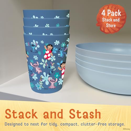 Image of Disney Stitch Plastic Drinking Glasses, Dishwasher Safe, 4-Pack | 16 oz, unbreakable, reusable, BPA-free, stackable to save space, great for water, juice, and family meals