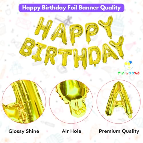 Image of Flyloons 4th Golden Colour Happy Birthday Foil Balloon Banner Set For 4 Year Old Boys Girls Baby | With Number Four | 13 Letters Reusable Happy Birthday Metallic Foil Balloons Decoration Kit, 14 Pcs
