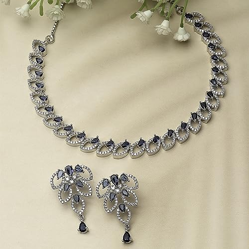 Rhodium-Plated AD Leaf Necklace Earring Set