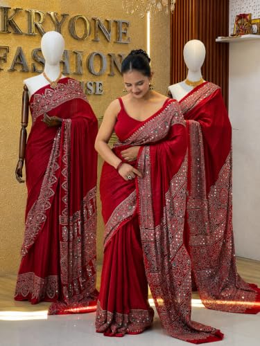 Image of Ajrakh Modal Silk Saree for Women | Mirror Work Black Saree | Gajji Silk Red Pallu Tassels | Designer Sarees for Women Party | Ajrakh Print Saree | Modal Silk Sarees Original