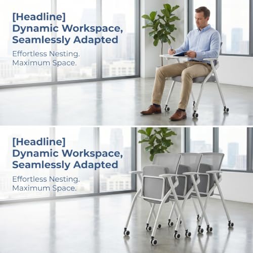 Image of 24 Pcs Folding Training Chairs with Desk Attached, Office Meeting Chair with Writing Tablet & Cup Holder, Space-Saving Nesting Stackable Chairs with wheel for Conference Room,Seminar, Classroom Chair