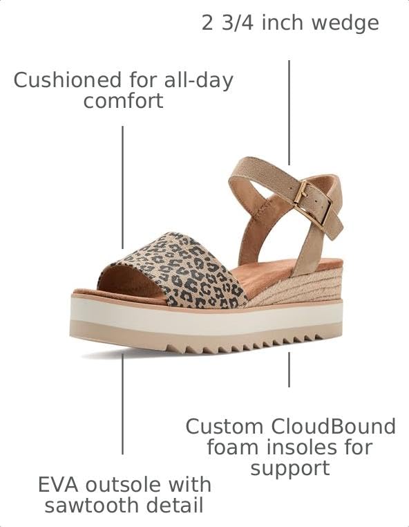 Image of TOMS Women's Diana Wedge Heel Sandal, Leather Upper, Rope-Wrapped Midsole, Adjustable Strap, Buckle, OrthoLite Insole