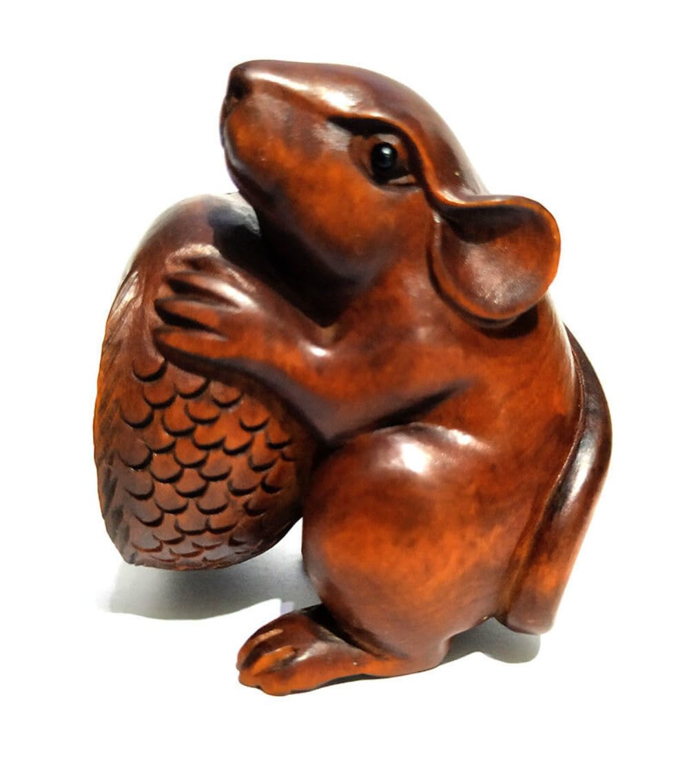 YTDJJWLS 2" Hand Carved Boxwood Netsuke Figurine Carving Mouse and Fish