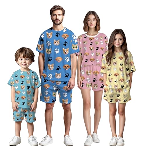 Artsadd Custom Short Pajamas Set with Face Photo for Women Men, Personalized Family Matching Pajamas Set with Pet Dog Face