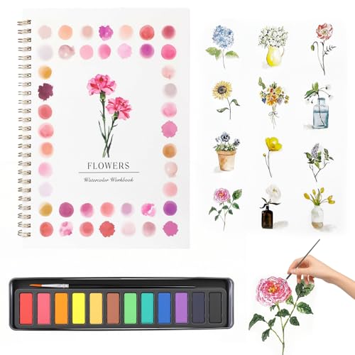 CXWGQS Watercolour Workbooks for Beginners Water Colour Paints Book Sets with 12 Colours Paint Plates and Brush Watercolor Painting Kit