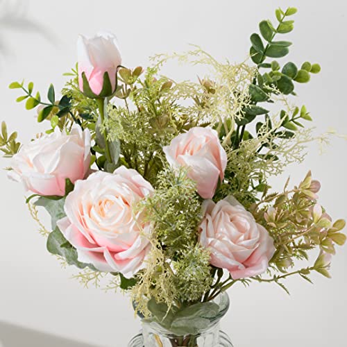 YJ Fake Flowers with Vase, Artificial Silk Roses Flower Bouquet, Faux Flower Arrangements, Farmhouse Table Decor - Image 4