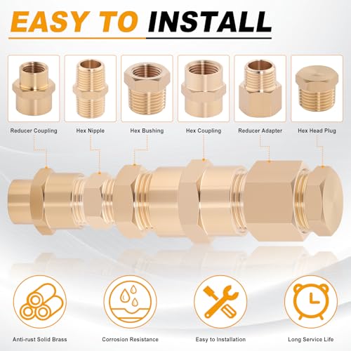 Image of KOOTANS 66PCS Brass Pipe Fittings Assortment Kit Pipe NPT Set | 1 /8 inch 1 /4 inch 3 /8 inch 1 /2 inch NPT Adapter Fitting, Reducer Bushing, Hex Nipple, Close Nipple, Reducing Hex Coupling, Pipe NPT Plug Set