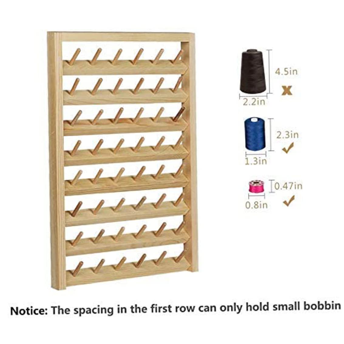 Estante para hilo de 48 carretes, soporte para carrete de hilo de coser montado en la pared con ganchos para colgar, organizador de madera para acolchar y bordado