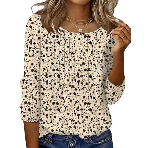 Ivicoer Women's 3/4 Length Sleeve Tops Crewneck Button Pleated Dressy Casual Blouses
