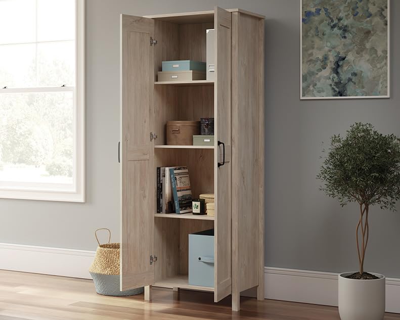 Image of Sauder 2-Door Storage Cabinet, Tall Wooden Organizer, in a Chalk Oak Finish