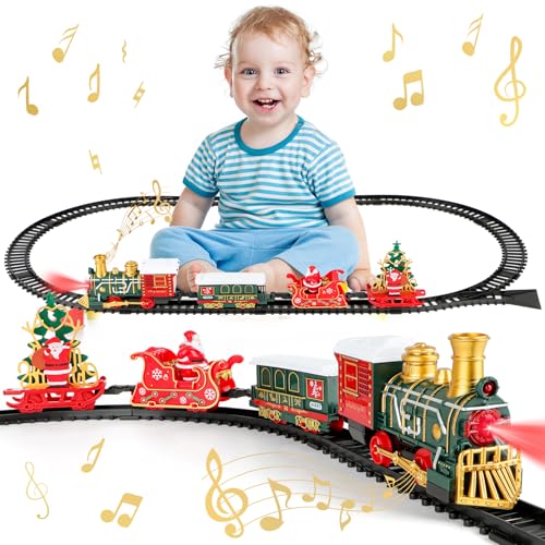deAO Tren Clásico Infantil Conjunto Navideño con Luces Y Sonidos Conjunto Navideño De Vías,Juego De Tren De Navidad con 4 Vagones, Niños Y Niñas