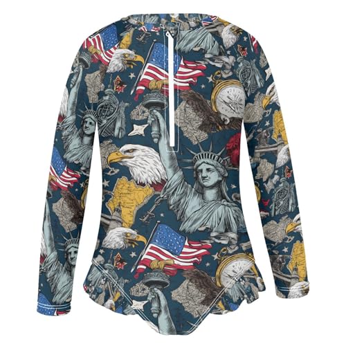 ALAZA Statue of Liberty Bird Map American Flag Girls One Piece Swimsuit Long Sleeve Rashguard Swimsuit UV 50+ Swimwear Zip2