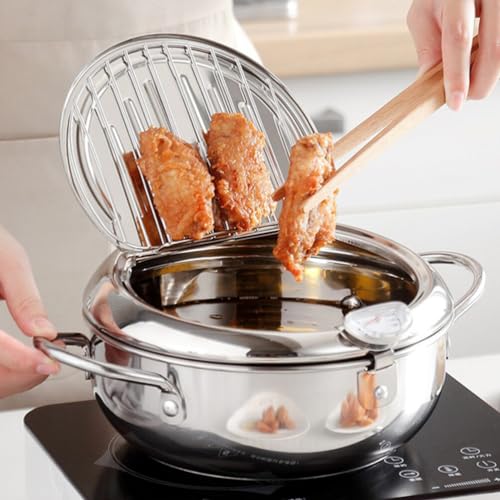 HOLIDYOYO Frigideira profunda, frigideira tempura com tampa panela de fritura de aço inoxidável com