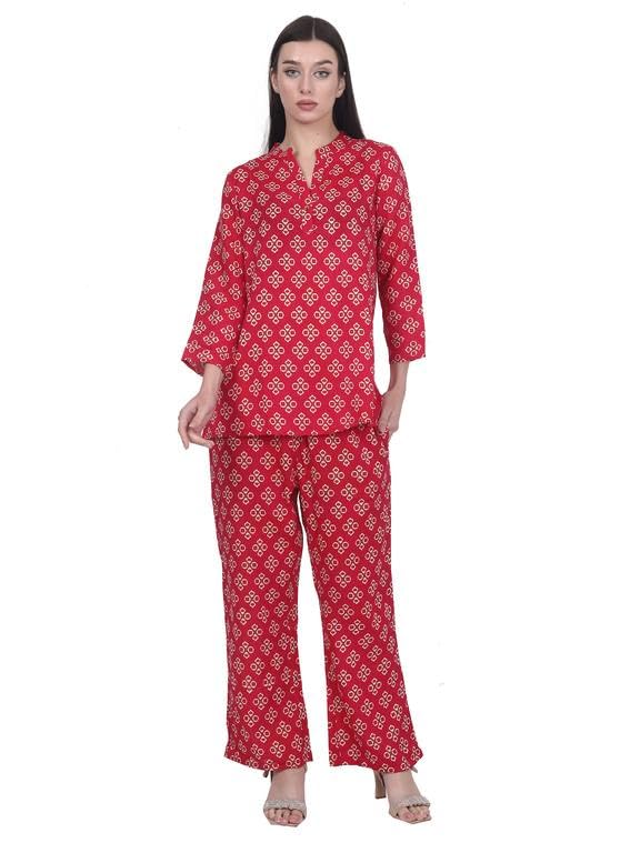 rangriwaz Floral Printed Kaftan Pure Rayon With Trouser Red-picture-33