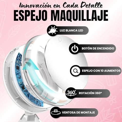 Genérico Espejo Maquillaje con luz LED, Espejo Aumento X10, Gratis Diadema Maquillaje, Ventosa de Pared y Giratorio, a Pilas (no Vienen Incluidas) Espejo para Baño. - imagen 3