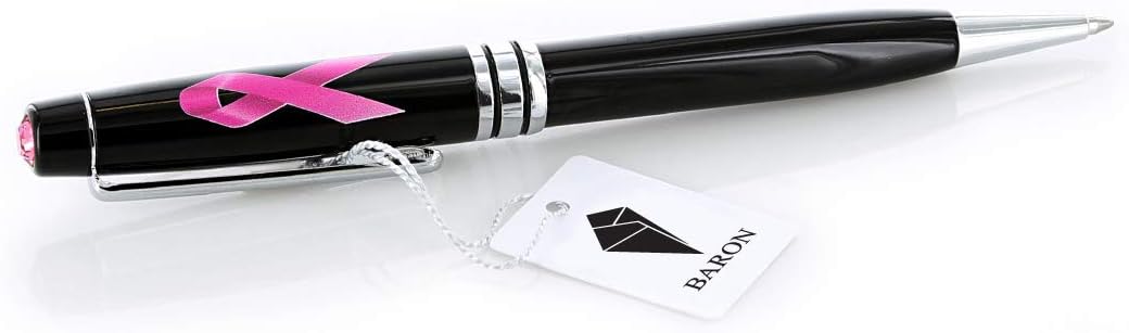 Baron-Jewelry Luxurious Breast Cancer Awareness pen enriched with crystals. Rose-pink 6mm round crystal securely set in a glossy high-end pen. UV printed pink ribbon. (BLACK)