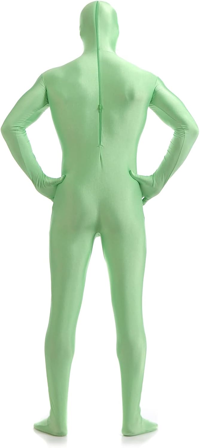 Men's Green Full Body Unitard with Mask Long Sleeve Zipper Back Jumpsuit One Piece Bodysuit Second Skin Dancewear, Bright-Green, XL/175-185cm